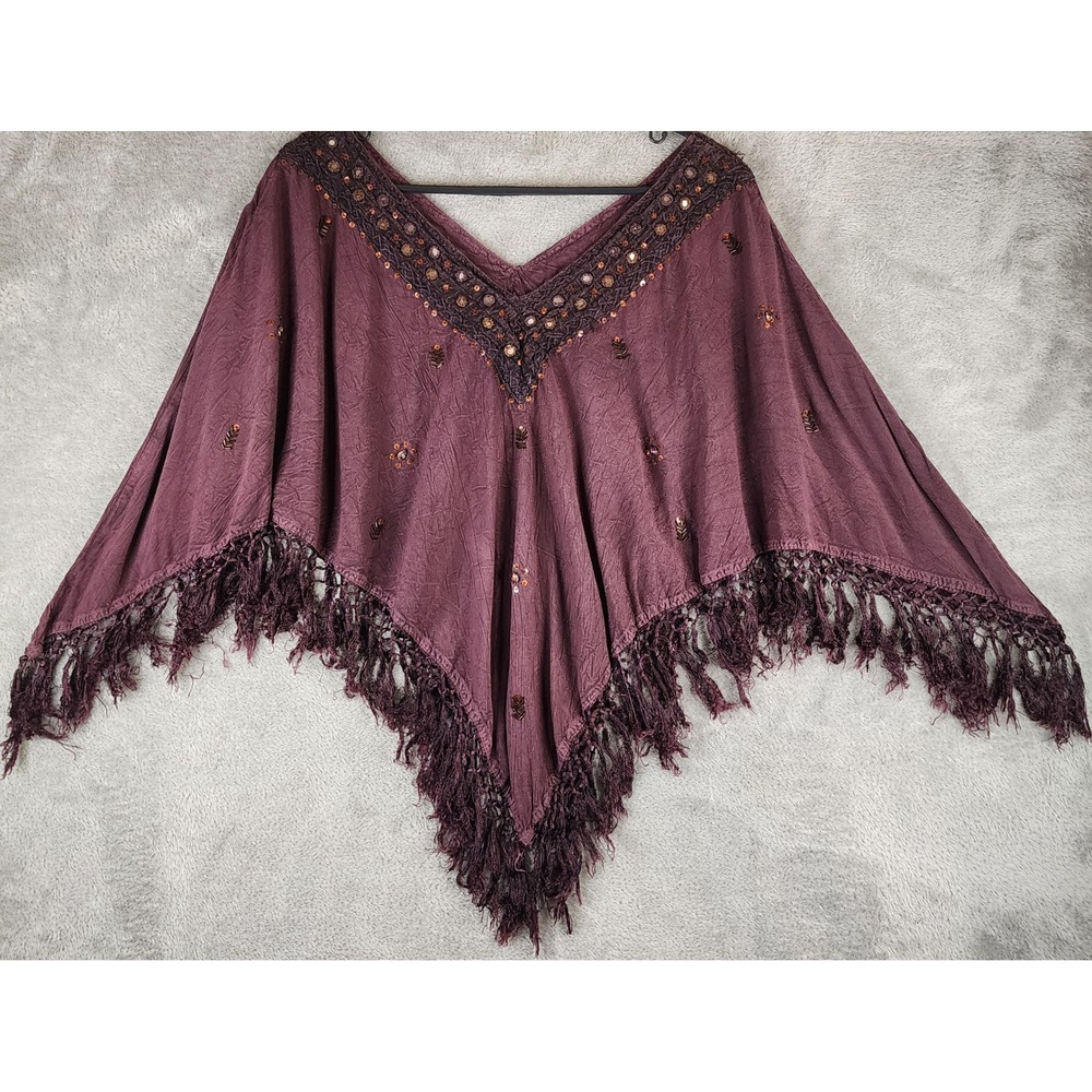 Womens Poncho Top One Size Purple Fringe Embroidered Mirror Embellished Gypsy